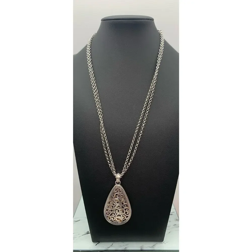 Silver Tone Double Chain‎ Tear Drop Reversible To Gold Tone Pendant Necklace